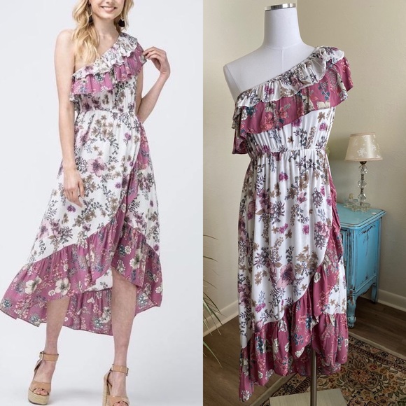 NWT Entro One Shoulder Asymmetrical Floral Ruffle Midi Dress, Pink - Picture 1 of 3